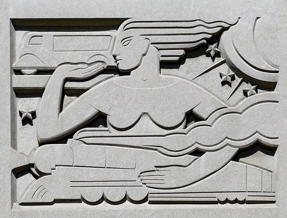 Transportation & Distribution of the Mail stone sculpture at the John O. Pastore Federal Building in Providence, Rhode…