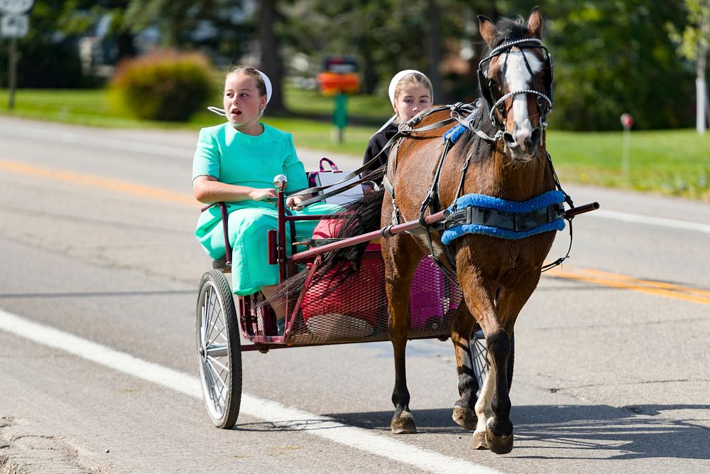 Amish girls ride through Winesburg, Ohio. Original image from Carol M. Highsmith&rsquo;s America, Library of Congress…