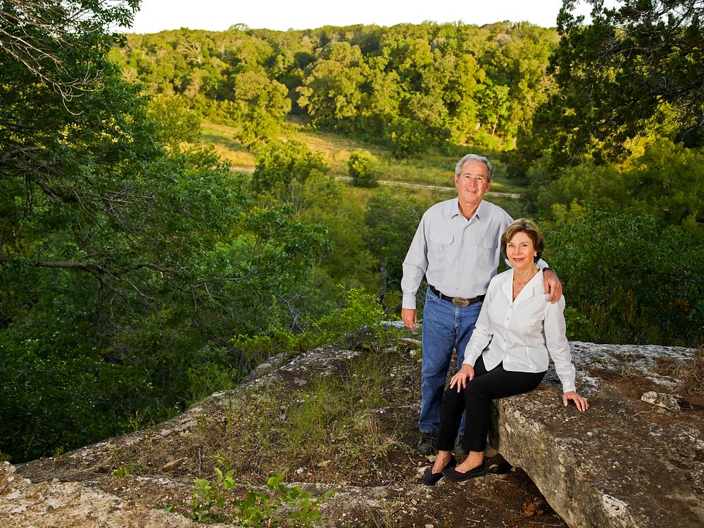 Former U.S. president George W. Bush and his wife near Crawford in McLennon County, Texas. Original image from Carol M.…