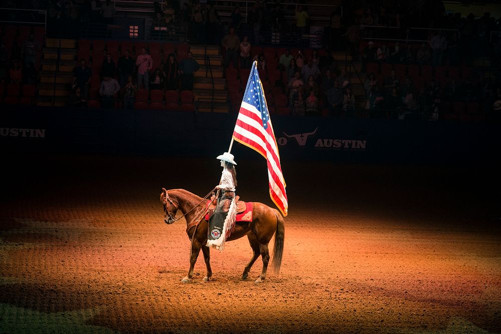 Horse with US flag at the Star of Texas Fair and Rodeo in Austin, Texas. Original image from Carol M. Highsmith&rsquo;s…