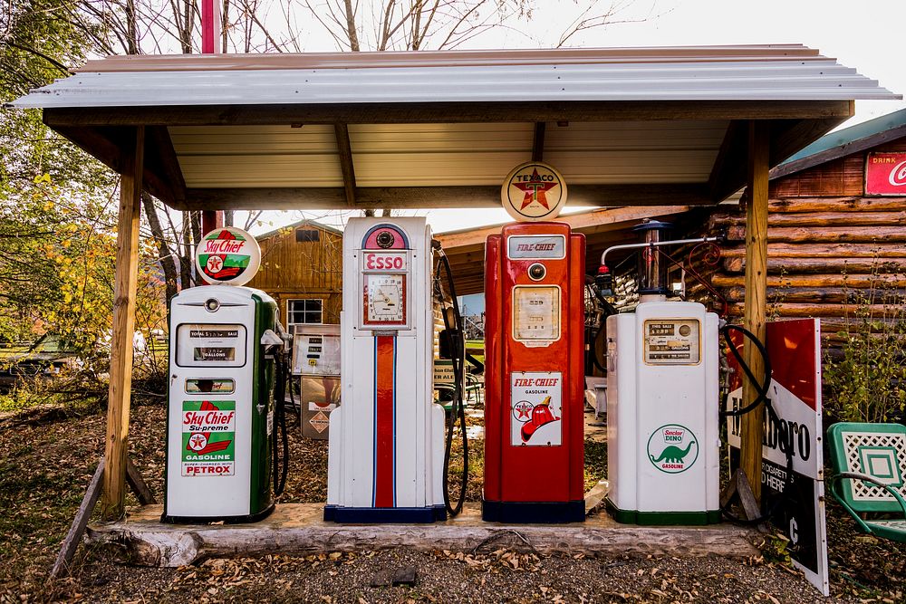 A vintage gasoline station display at a tourist-cabin site in Seneca Rocks, West Virginia. Original image from Carol M.…