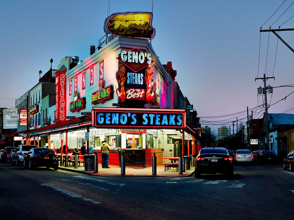 Dusk shot of Philadelphia, Pennsylvania&rsquo;s famous Geno&rsquo;s Steaks restaurant in the south Philadelphia…