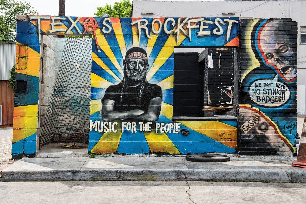 Mural outside the venue for the "Heart of Texas Quadruple Bypass Music Festival" in Austin. Original image from Carol M.…