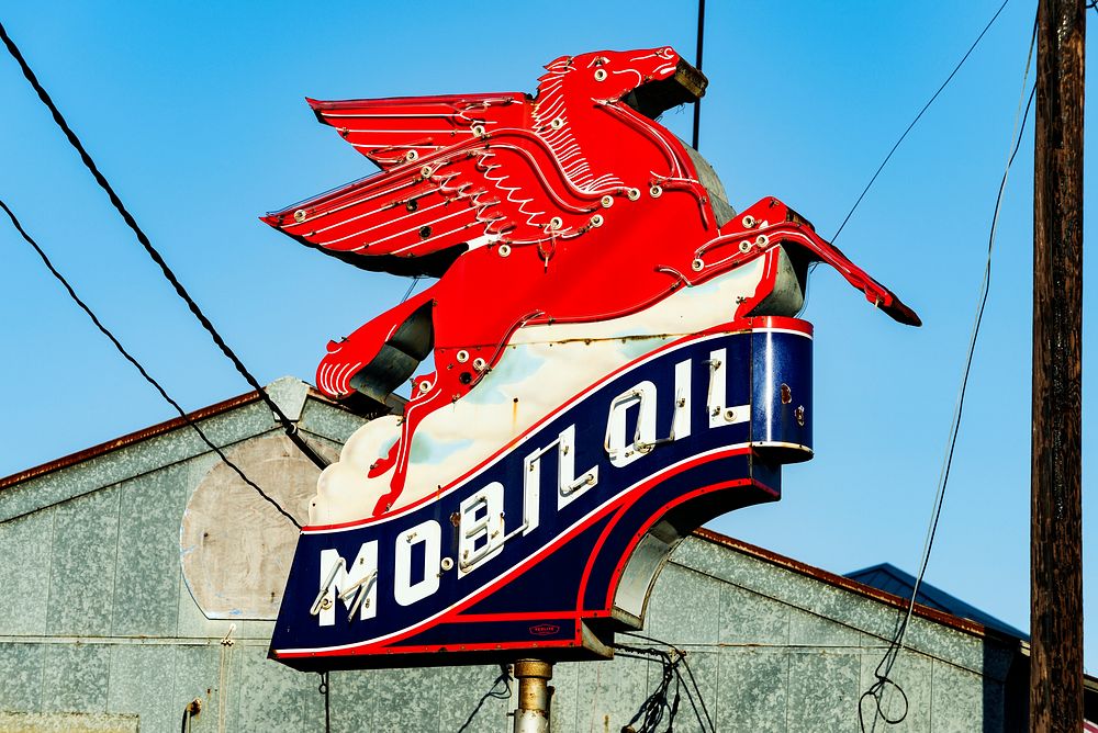 Vintage Mobil pegasus gas station insignia sign in Texas. Original image from Carol M. Highsmith&rsquo;s America, Library of…