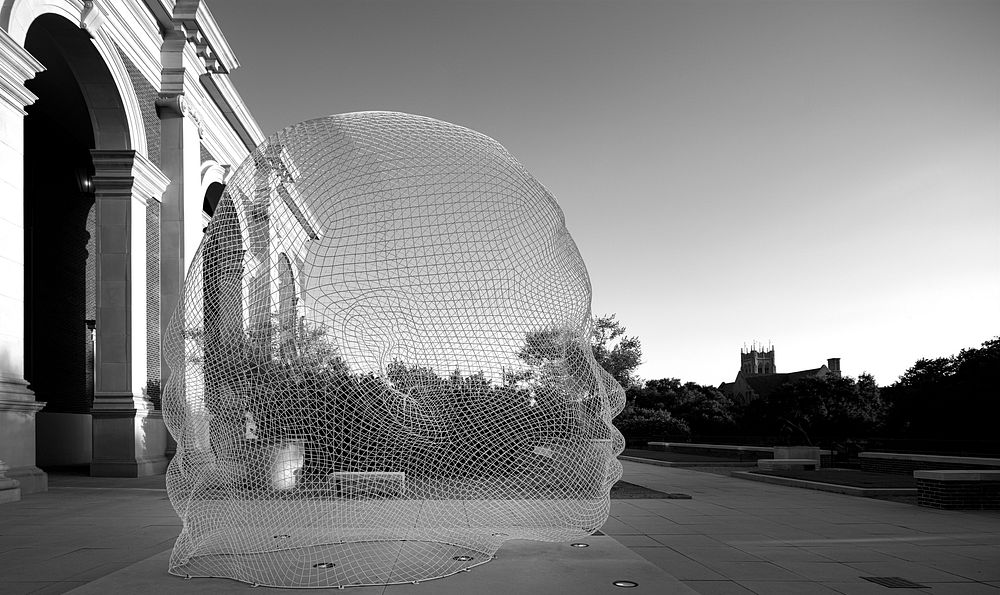 Stainless steel statue in garden of the Meadows Museum on the campus of Southern Methodist University in Dallas, Texas.…