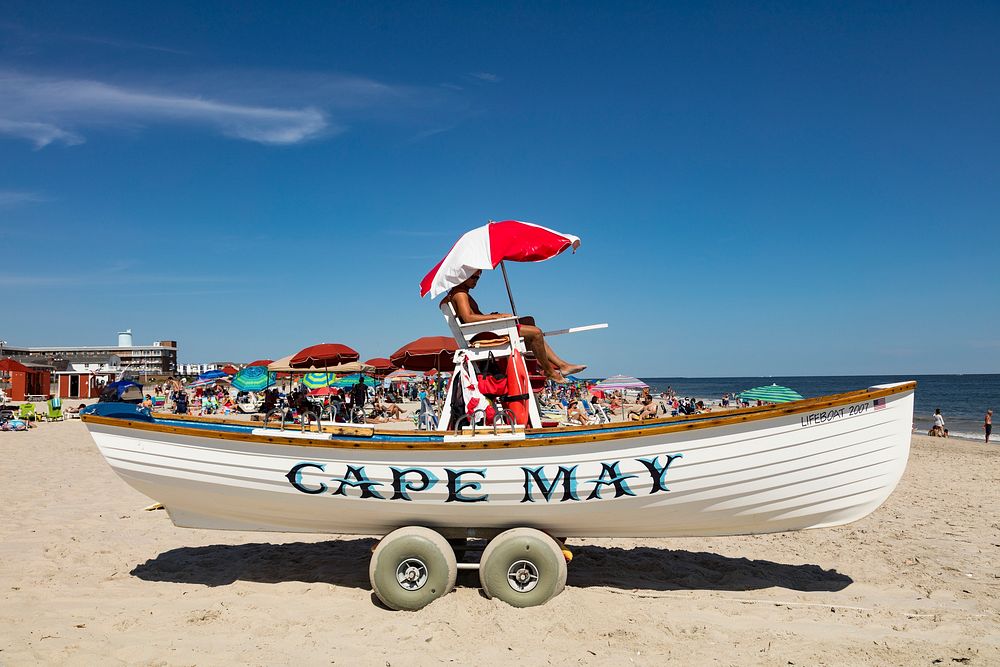 Lifeguards and lifeboat along the Jersey Shore in Cape May, New Jersey. Original image from Carol M. Highsmith&rsquo;s…