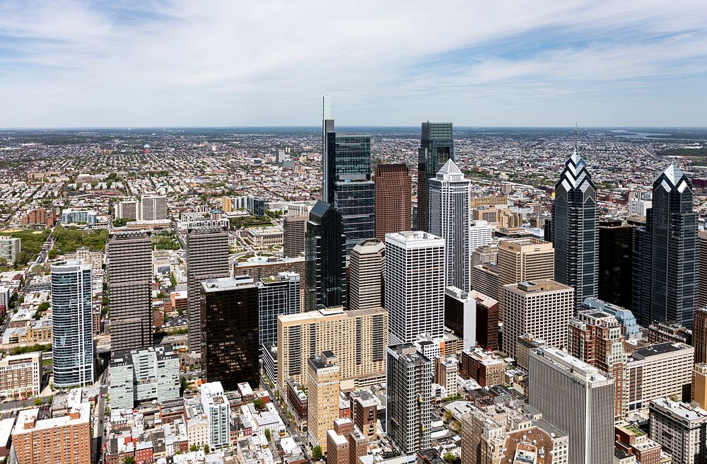 Aerial view of Philadelphia, Pennsylvania, with a focus on the skyscrapers of what locals call &ldquo;Center City&rdquo; in…