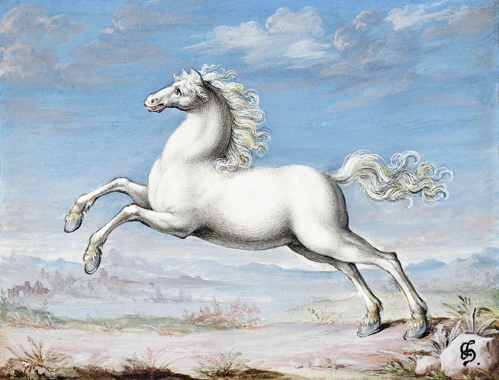 White horse (1552&ndash;1601) painting in high resolution by Joris Hoefnagel. Original from The Rijksmuseum. Digitally…
