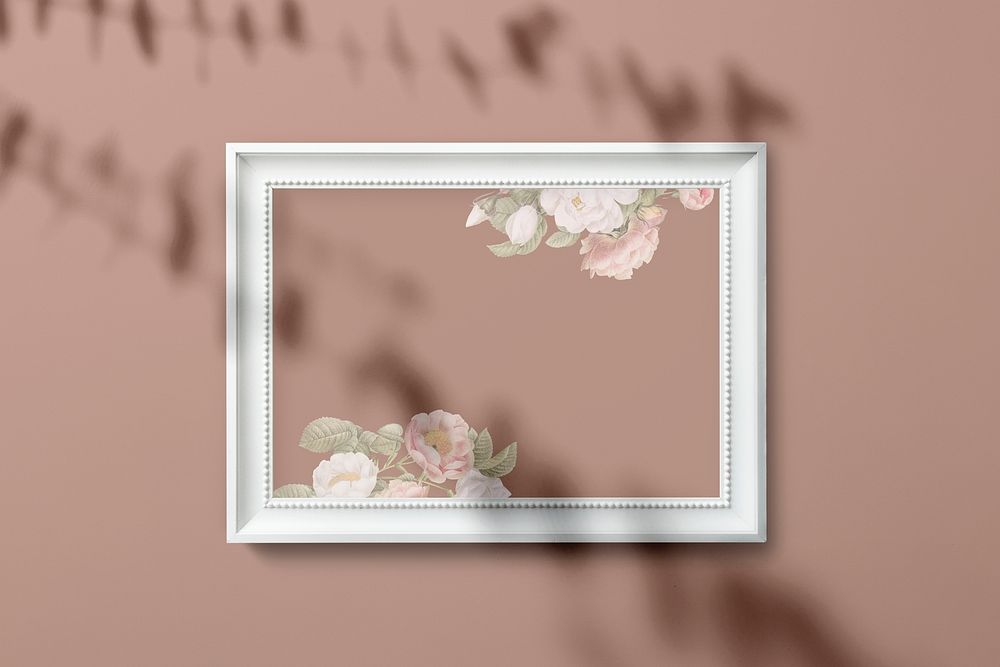 Flower photo frame mockup on a brown wall