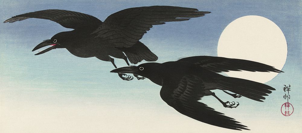 Crows at full moon (1925 - 1936) by Ohara Koson (1877-1945). Original from The Rijksmuseum. Digitally enhanced by rawpixel.