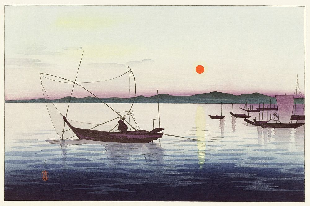 Boats and setting sun (1900 - 1936) by Ohara Koson (1877-1945). Original from The Rijksmuseum. Digitally enhanced by…