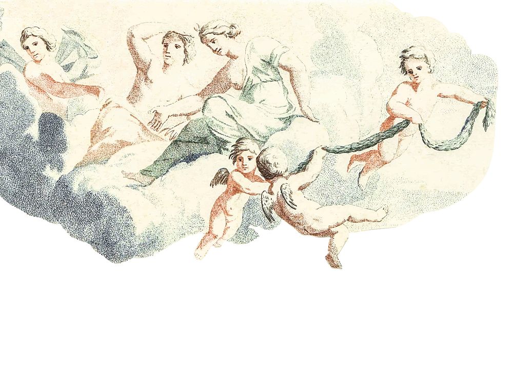 Vintage illustration of Diana and nymphs on the clouds