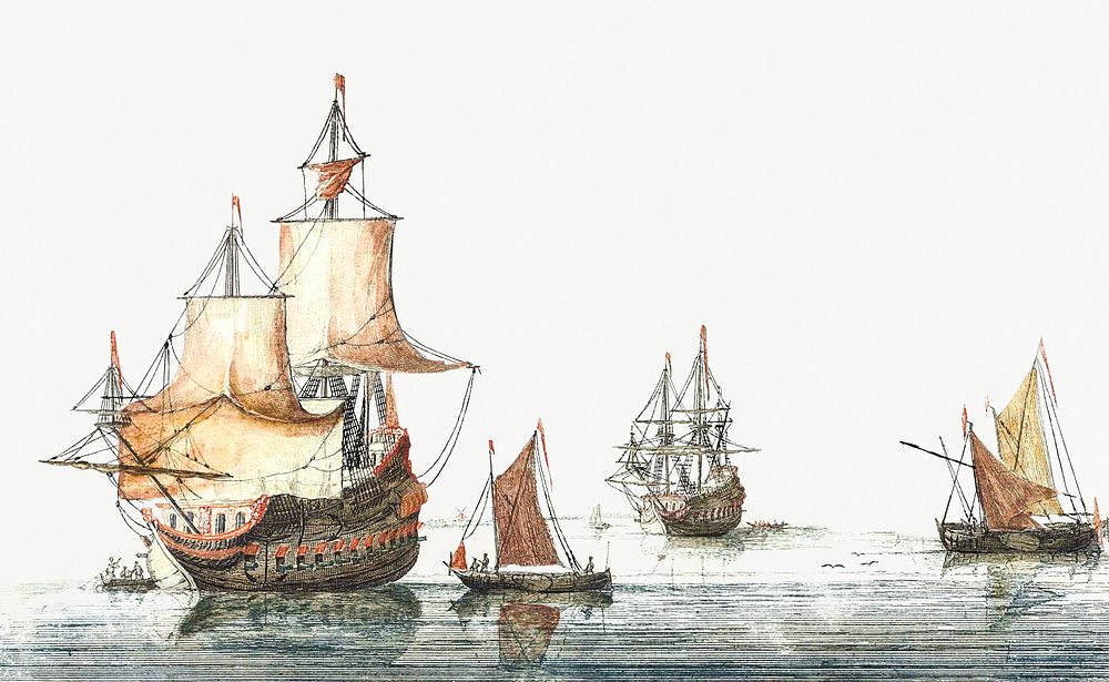 Ships on a calm sea by Johan Teyler (1648-1709). Original from Rijks Museum. Digitally enhanced by rawpixel.