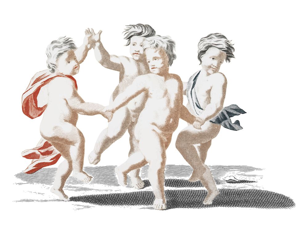 Vintage illustration of four naked children dancing