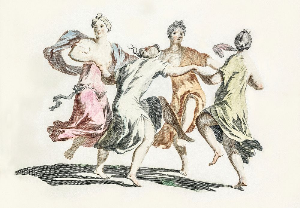 Four dancing women by Johan Teyler (1648-1709). Original from The Rijksmuseum. Digitally enhanced by rawpixel.