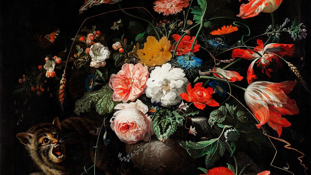 Vintage flower desktop wallpaper, HD background, The Overturned Bouquet, remix from the artwork of Abraham Mignon