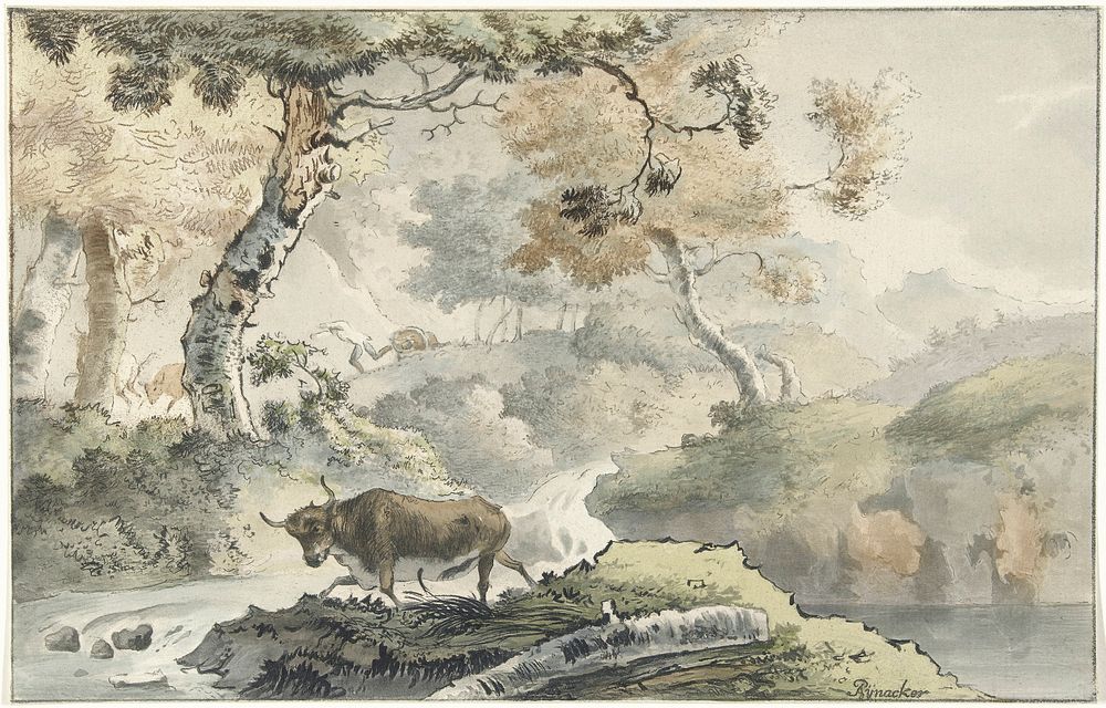 Boslandschap met stier (1821) by Cornelis Ploos van Amstel. Original from The Rijksmuseum. Digitally enhanced by rawpixel.