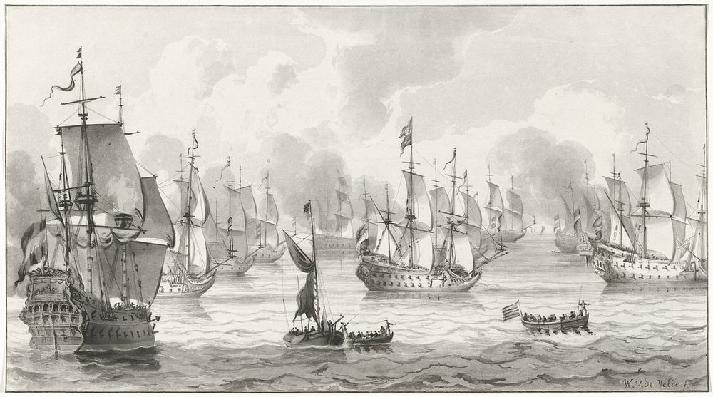 Zeegezicht met oorlogsvloot (1821) by Cornelis Ploos van Amstel. Original from The Rijksmuseum. Digitally enhanced by…