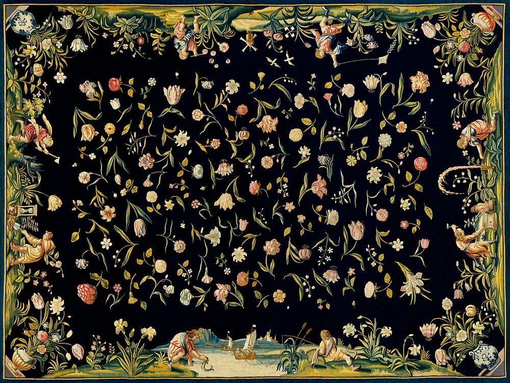 Table Carpet with the Four Elements and a Strewn Floral Pattern (1650) by anonymous. Original from The Rijksmuseum.…