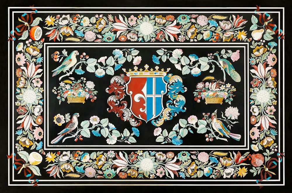Table top with a coat of arms (1685) by Giovanni Leoni. Original from The Rijksmuseum. Digitally enhanced by rawpixel.