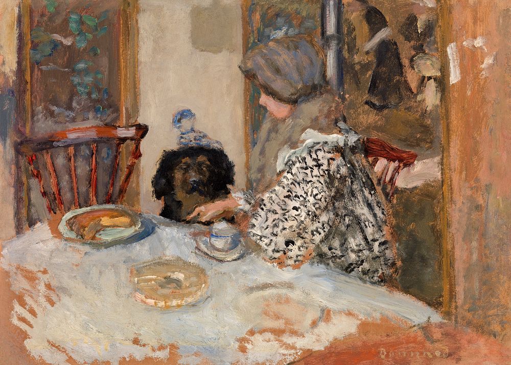 Woman and Dog at Table (1908) by Pierre Bonnard Original from Barnes Foundation. Digitally enhanced by rawpixel.
