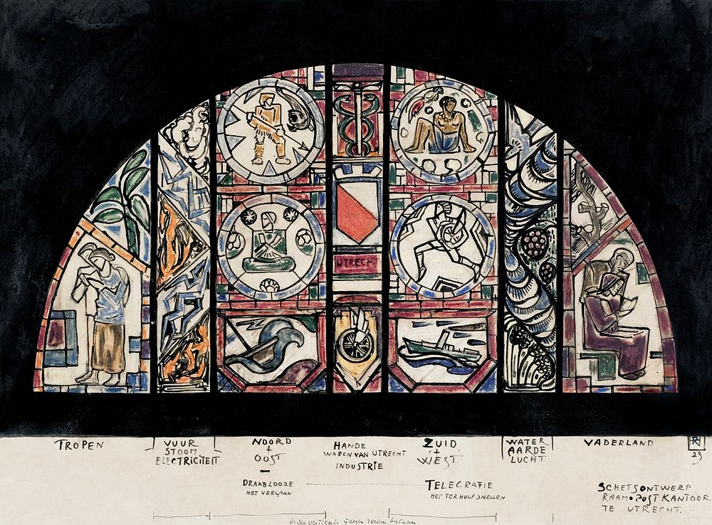 Design for a window in the post office in Utrecht (1923) painting in high resolution by Richard Roland Holst. Original from…