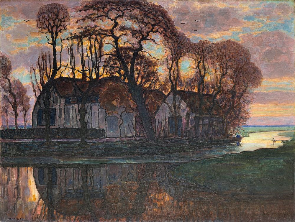 Farm Near Duivendrecht, in the Evening (1916) painting in high resolution by Piet Mondrian. Original from the Dallas Museum…