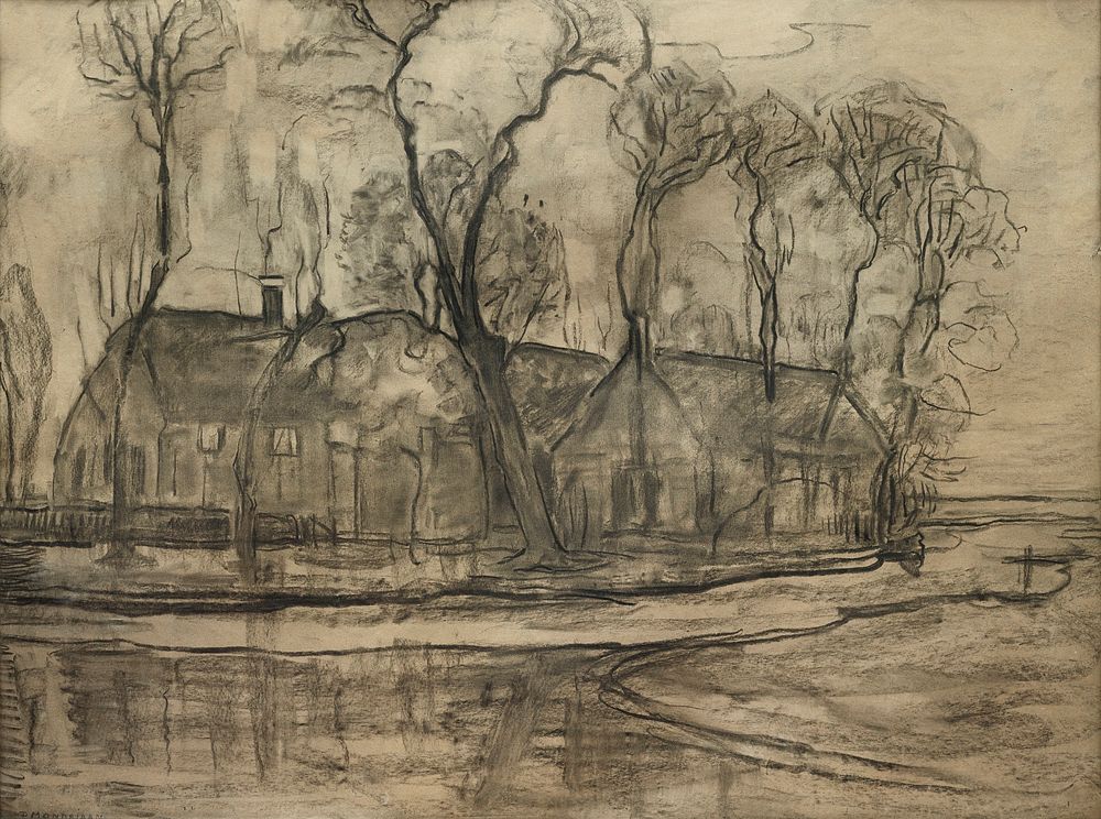 Farm Near Duivendrecht, The Sea (1905&ndash;1914) drawing in high resolution by Piet Mondrian. Original from the Dallas…