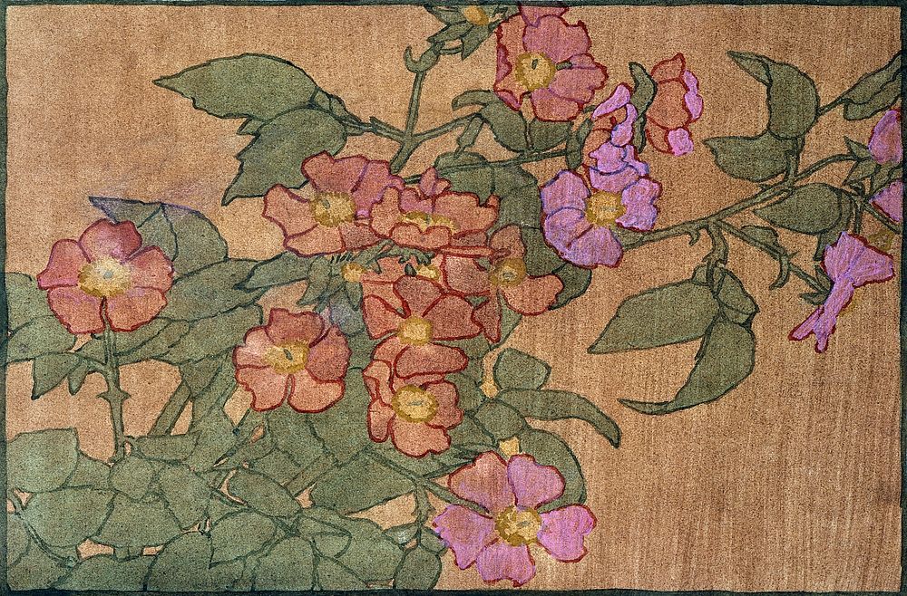Pink Roses on Terracotta Color Ground (1915) by Hannah Borger Overbeck. Original from The Los Angeles County Museum of Art.…