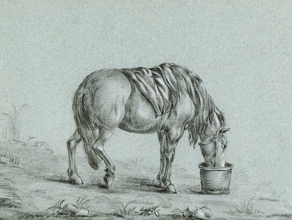 Horse eating from a bin by Jean Bernard (1775-1883). Original from The Rijksmuseum. Digitally enhanced by rawpixel.