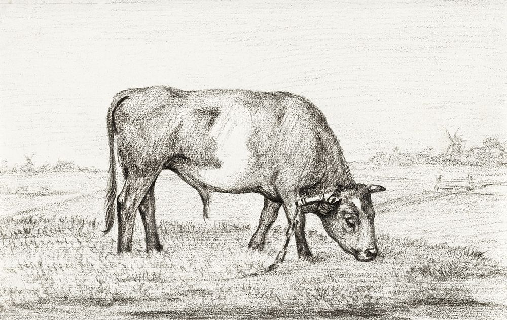 Grazing bull in a pasture by Jean Bernard (1775-1883). Original from The Rijksmuseum. Digitally enhanced by rawpixel.