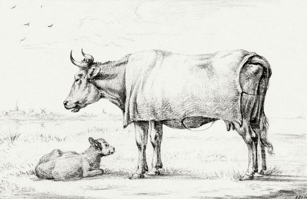 Standing cow with a lying calf (1815) by Jean Bernard (1775-1883). Original from The Rijksmuseum. Digitally enhanced by…
