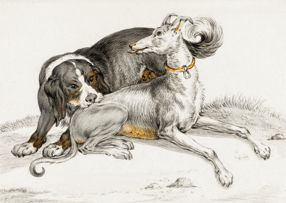 A dog bites another sitting dog by Jean Bernard (1775-1883). Original from The Rijksmuseum. Digitally enhanced by rawpixel.