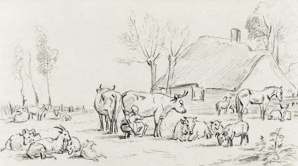 Farmyard with cattle and milking woman by Jean Bernard (1775-1883). Original from The Rijksmuseum. Digitally enhanced by…
