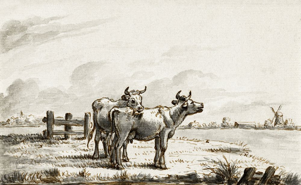 Two cows in the pasture by Jean Bernard (1775-1883).Original from the Rijks Museum. Digitally enhanced by rawpixel.