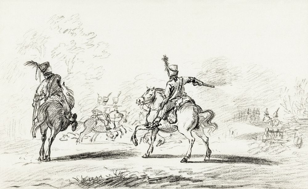 Cavalry fight by Jean Bernard (1775-1883). Original from The Rijksmuseum. Digitally enhanced by rawpixel.