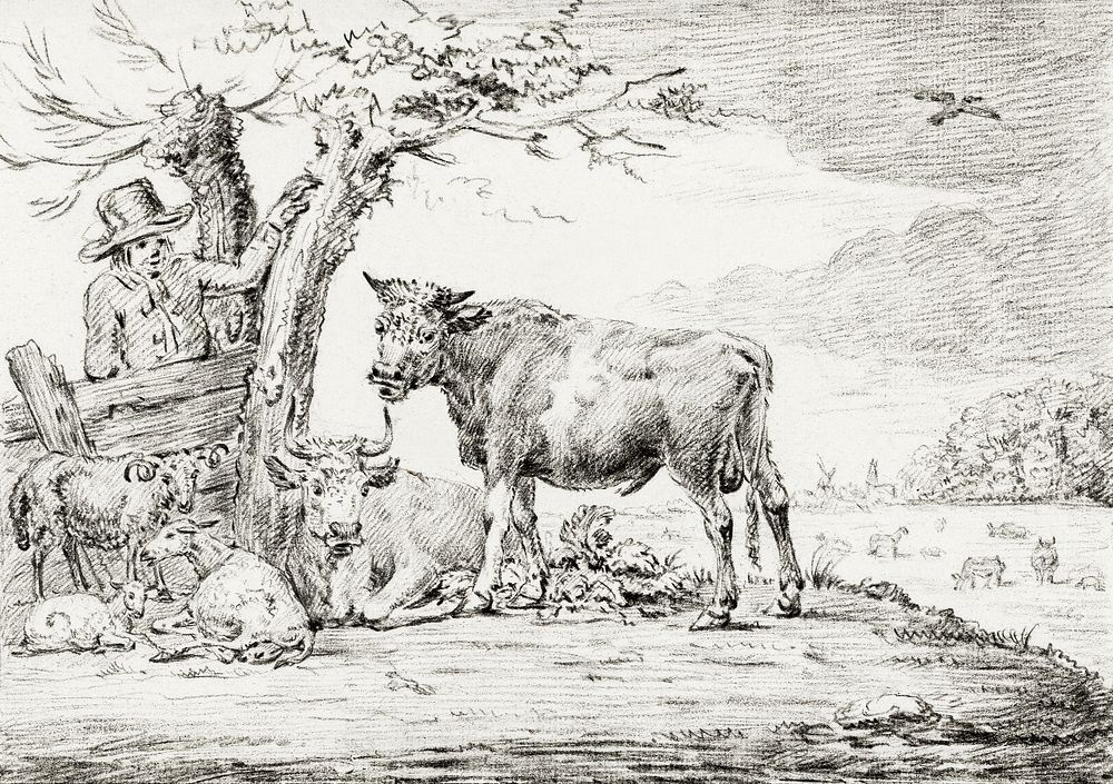 Farmer standing at a fence with cattle by Jean Bernard (1775-1883). Original from The Rijksmuseum. Digitally enhanced by…