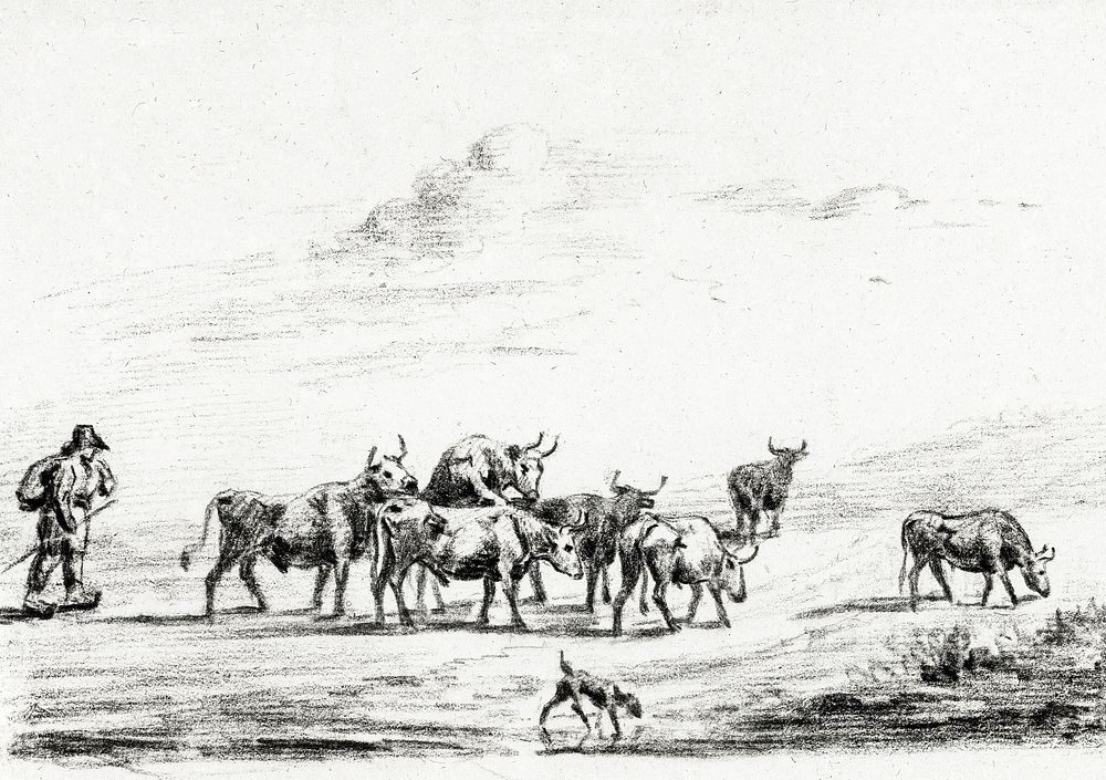 Cow driver with a group of cattle by Jean Bernard (1775-1883). Original from The Rijksmuseum. Digitally enhanced by rawpixel.