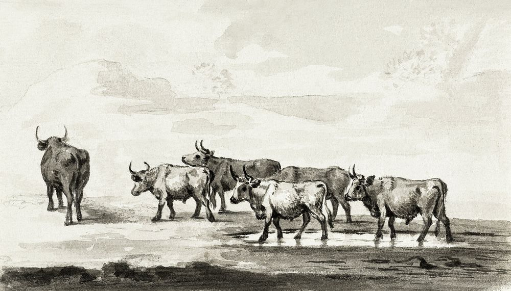 Group of six bulls by Jean Bernard (1775-1883). Original from The Rijksmuseum. Digitally enhanced by rawpixel.