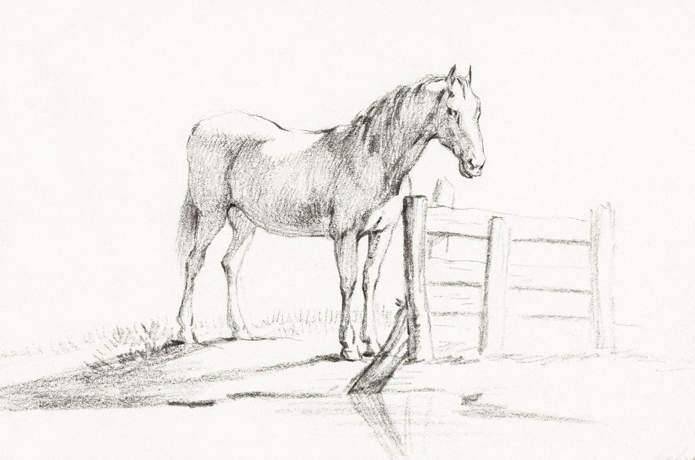 Standing horse at a fence by Jean Bernard (1775-1883). Original from the Rijks Museum. Digitally enhanced by rawpixel.