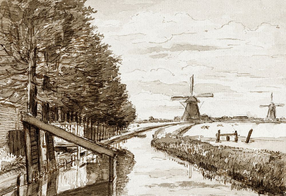 Landscape with a canal and two mills by Jean Bernard (1775-1883). Original from the Rijks Museum. Digitally enhanced by…