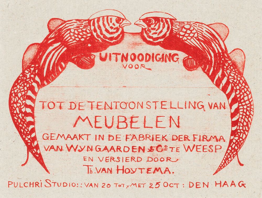 Uitnodigingskaart voor tentoonstelling van meubelen (ca. 1878&ndash;1900) print in high resolution by Theo van Hoytema.…