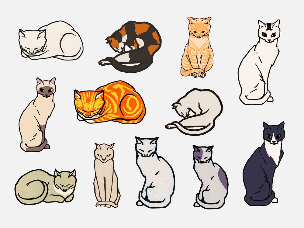 Set of cats. Elements from the public domain, modified by rawpixel.