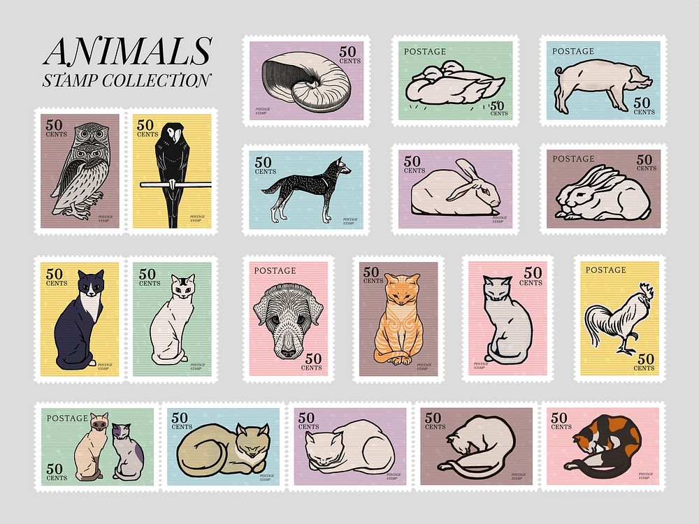 Set of stamps with various animals. Elements from the public domain, modified by rawpixel.