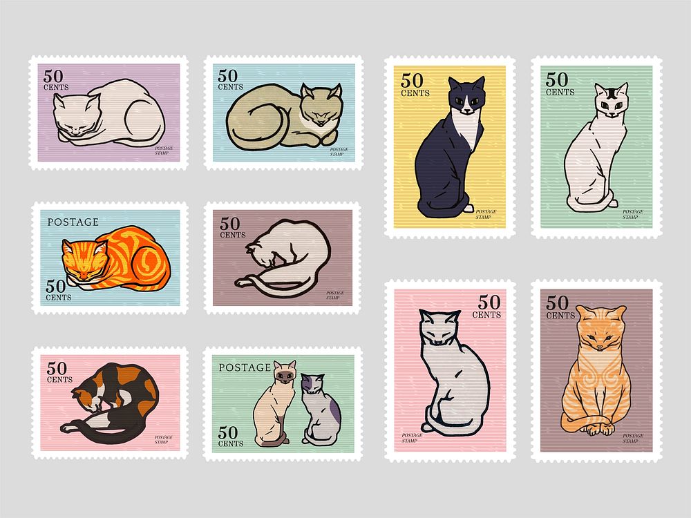 Set of stamps with cats. Elements from the public domain, modified by rawpixel.