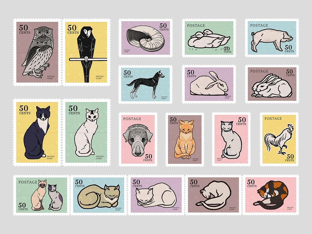 Set of stamps with various animals. Elements from the public domain, modified by rawpixel.