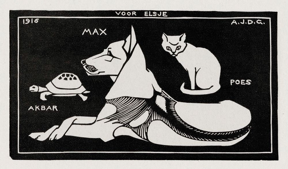 Akbar the tortoise, Max the dog and Puss the cat (1916 ) by Julie de Graag (1877-1924). Original from The Rijksmuseum.…