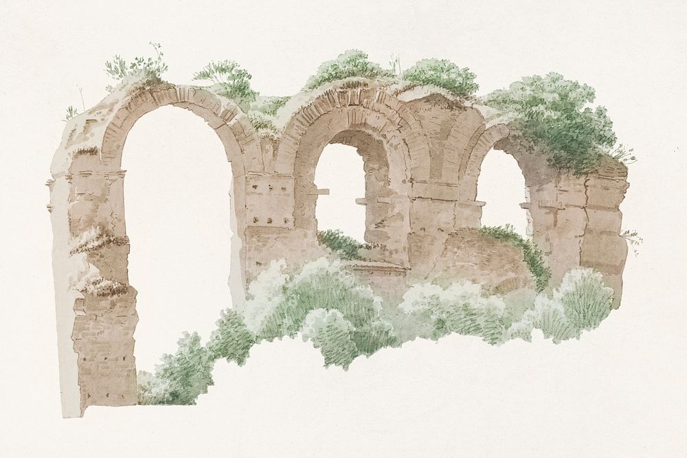A Part of an Aqueduct in Rome (ca. 1809&ndash;1812) by Joseph August Knip. Original from The Rijksmuseum. Digitally enhanced…