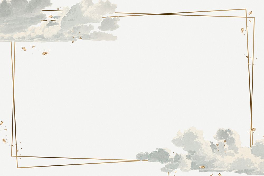 Rectangle gold frame on a watercolor cloud background