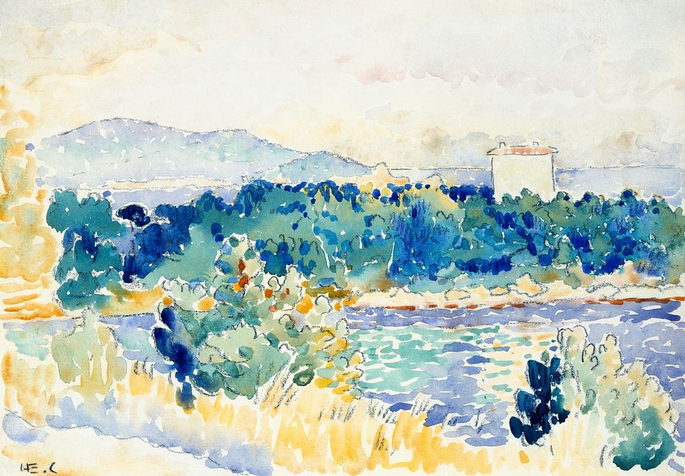 Mediterranean Landscape with a White House (1900&ndash;1905) painting in high resolution by Henri-Edmond Cross. Original…